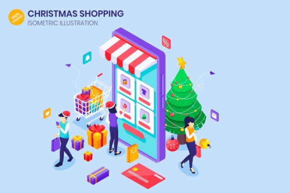 Isometric Christmas Sale Shopping and Isometric Christmas Sale Online Shopping Design Concept Illustration